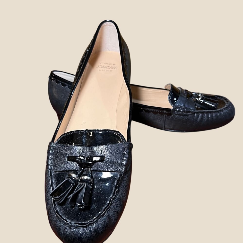 Circa Joan & David Luxe Tassel Loafers Womens 9.5 Black Leather Patent Flat Shoe